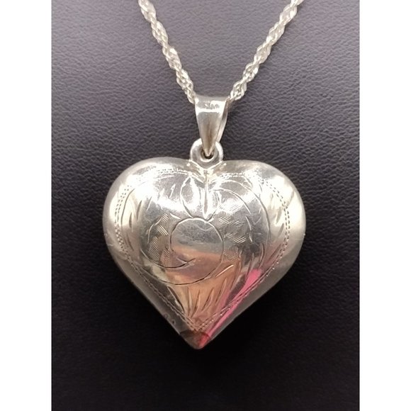 Sterling Silver Etched Bubble 3D Heart Pendant Necklace 24" - Picture 2 of 5